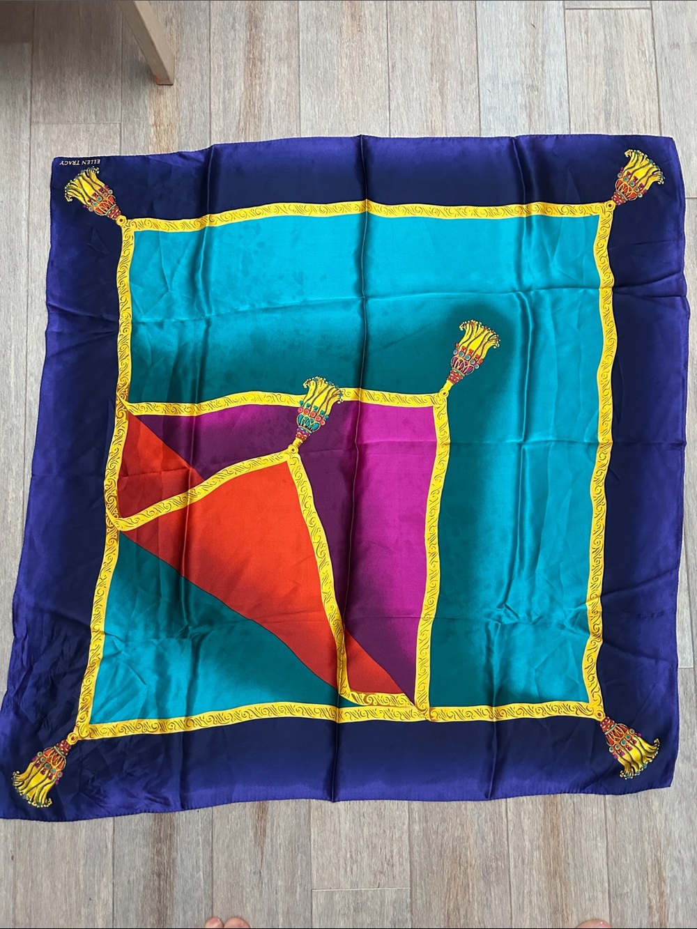 VTG Colorblock Silk Scarf with Gold Tassel Motif - Teal, Purple, Fuchsia, Red